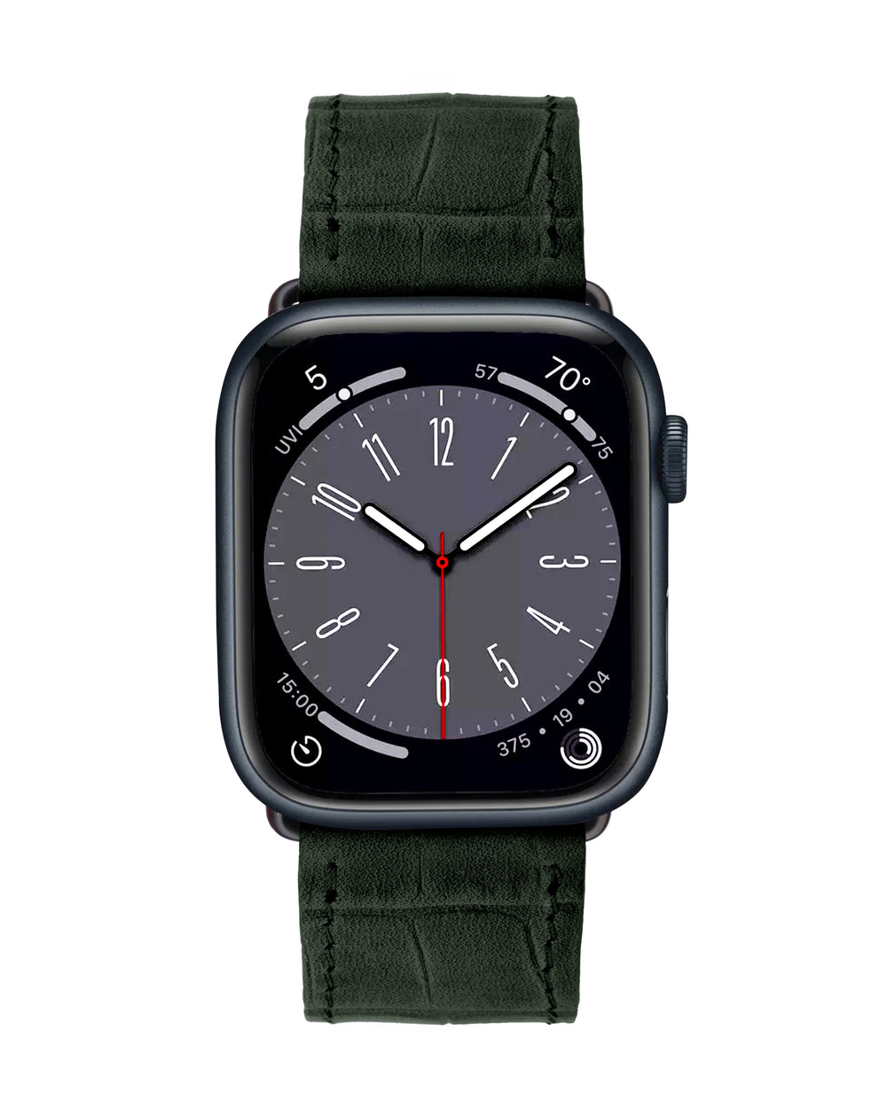 Apple Watch strap made of calfskin, embossed to resemble crocodile in dark green color