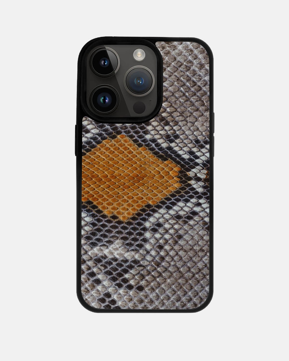 Case made of gray-yellow python leather with small scales for iPhone 14 Pro Max