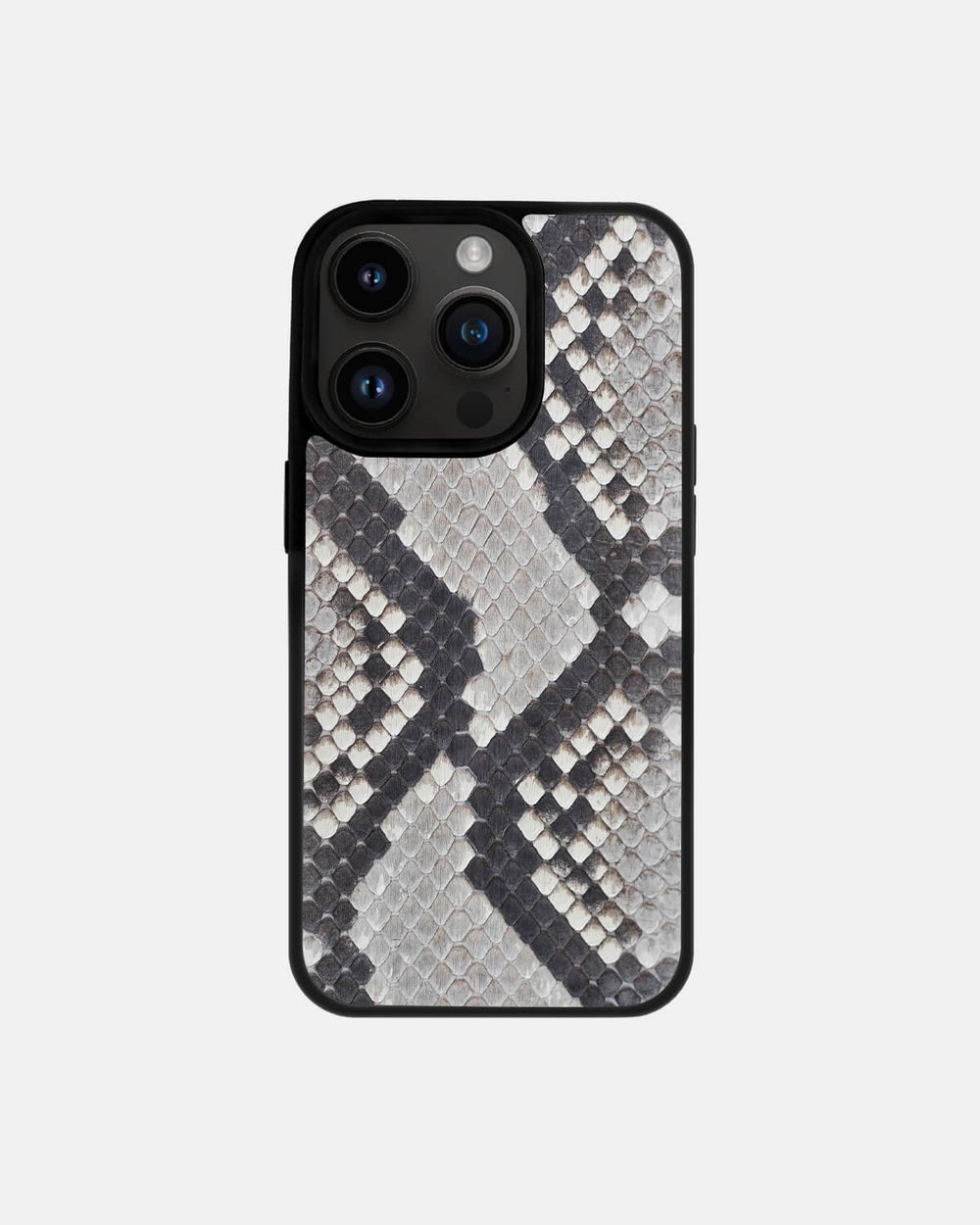 Case made of black and white python leather with small scales for iPhone 14 Pro