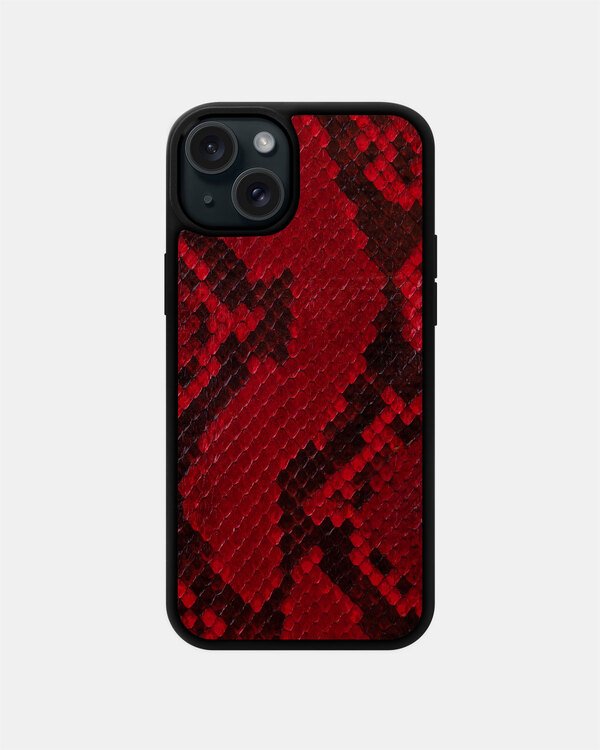 Чехол из красной кожи питона с мелкой чешуёй для iPhone 15