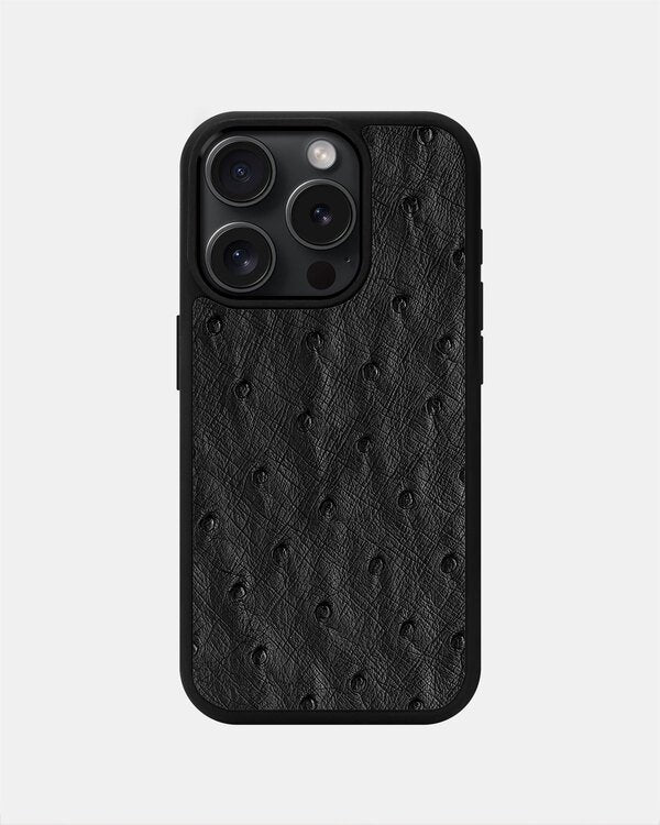 Чехол из чёрной кожи страуса с фолликулами для iPhone 15 Pro