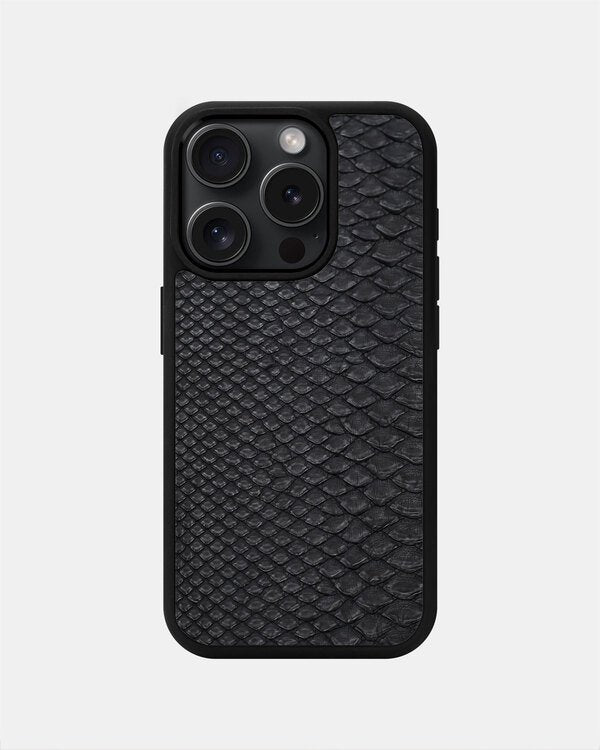 Чехол из чёрной кожи питона с мелкой чешуёй для iPhone 15 Pro