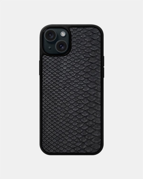 Чехол из чёрной кожи питона с мелкой чешуёй для iPhone 15