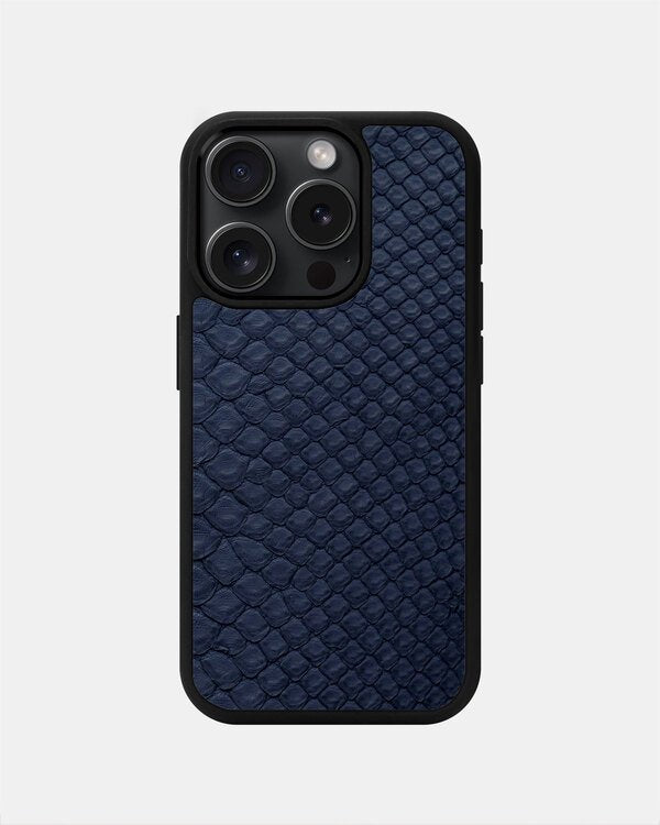 Dark blue python skin case with small scales for iPhone 16 Pro