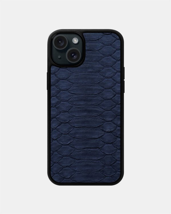 Чехол из тёмно-синей кожи питона с широкой чешуёй для iPhone 15