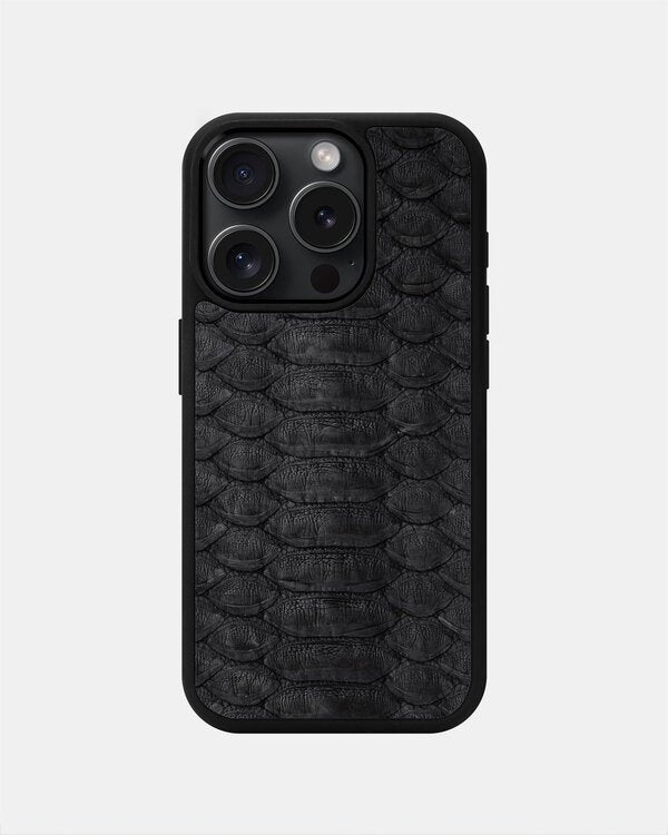 Black python leather case with large scales for iPhone 15 Pro