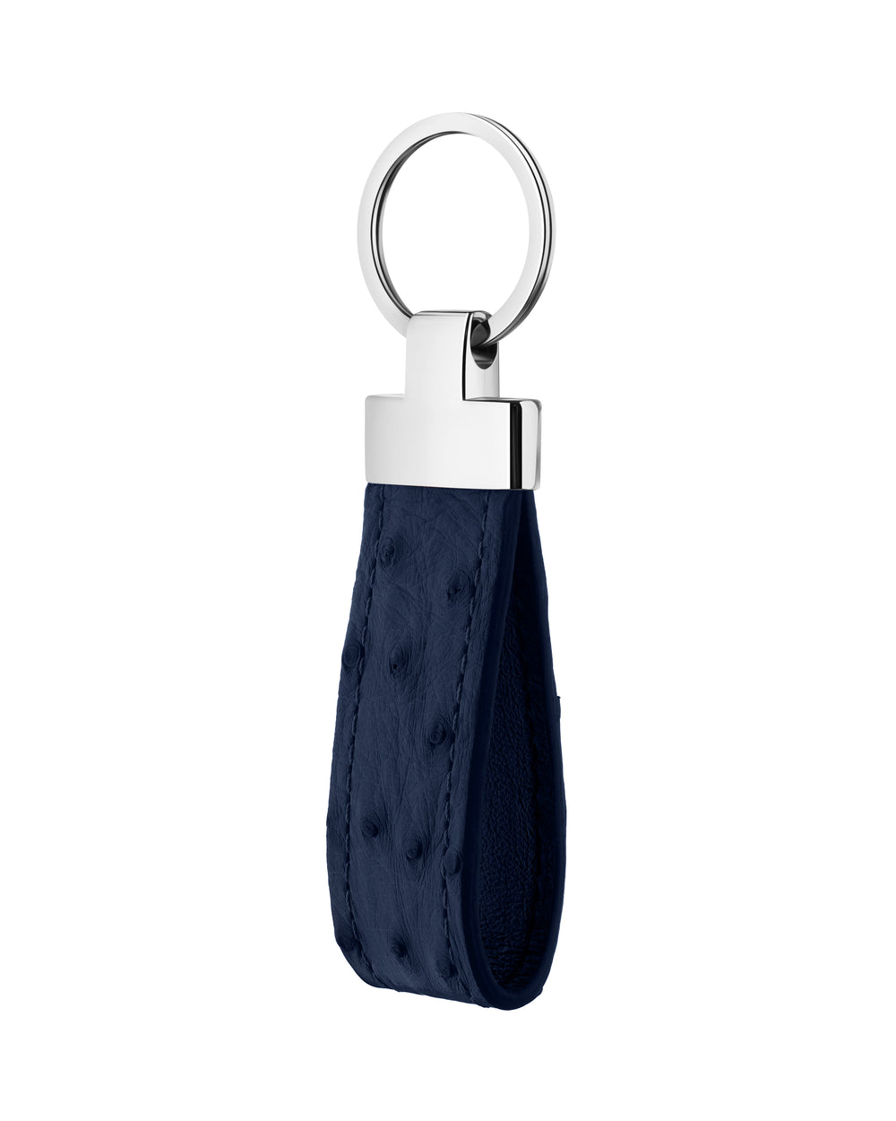 Keychain made of dark blue ostrich leather with follicles