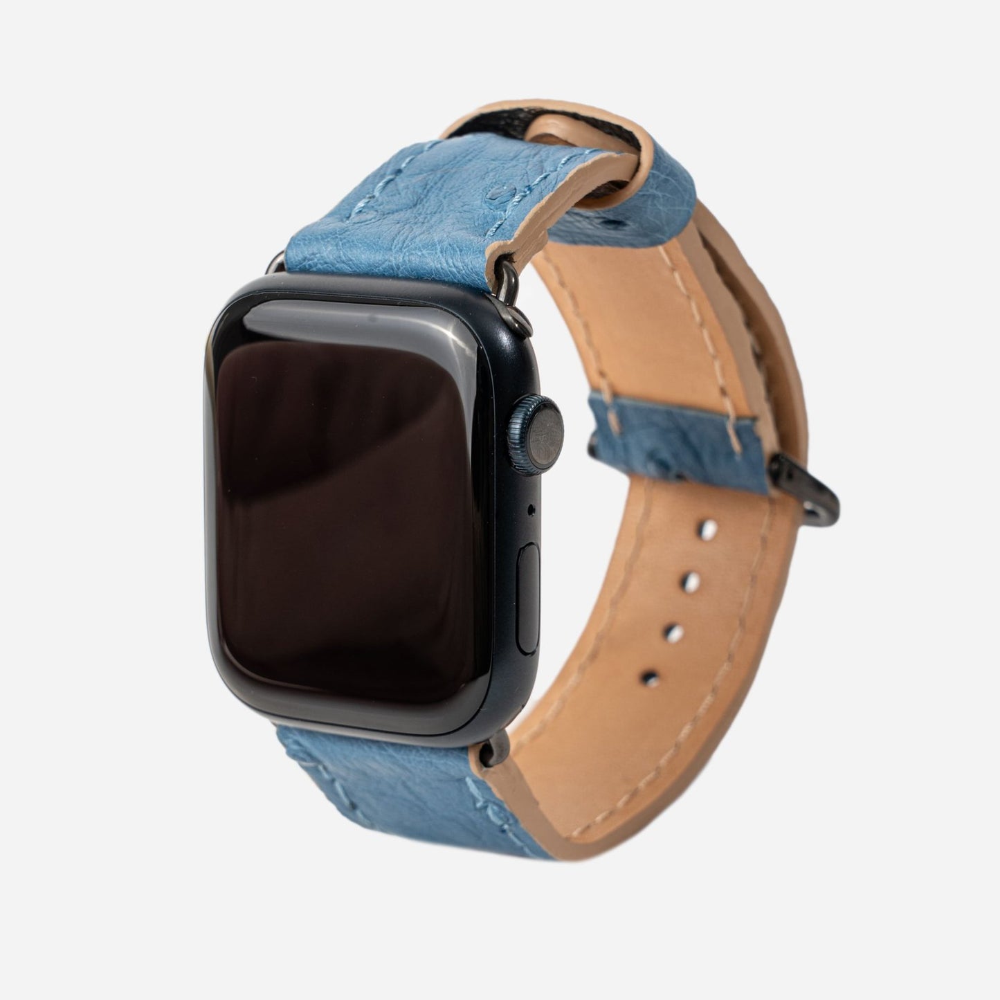 Strap for Apple Watch made of ostrich leather in blue color with follicles