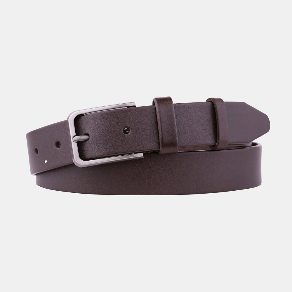 Brown leather belt with gray buckle