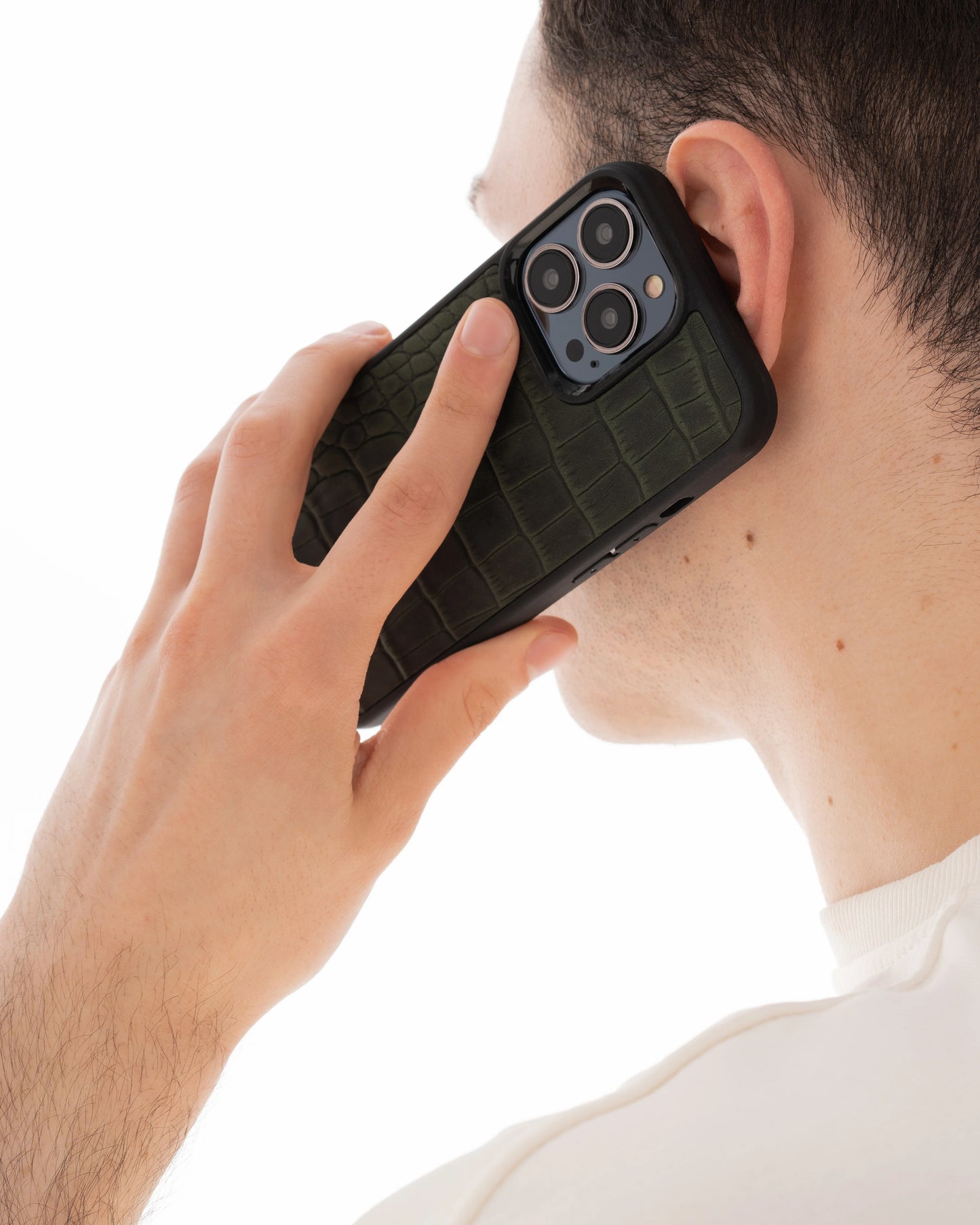 Чохол із темно-зеленого тиснення під крокодила на телячій шкірі для iPhone 16 Plus