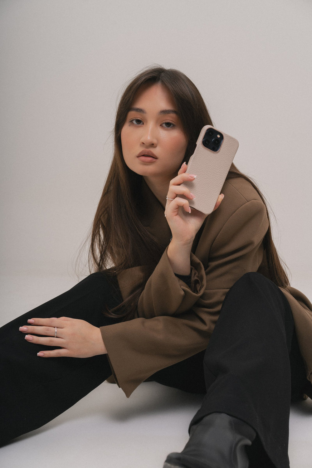 Beige leather case for iPhone 14