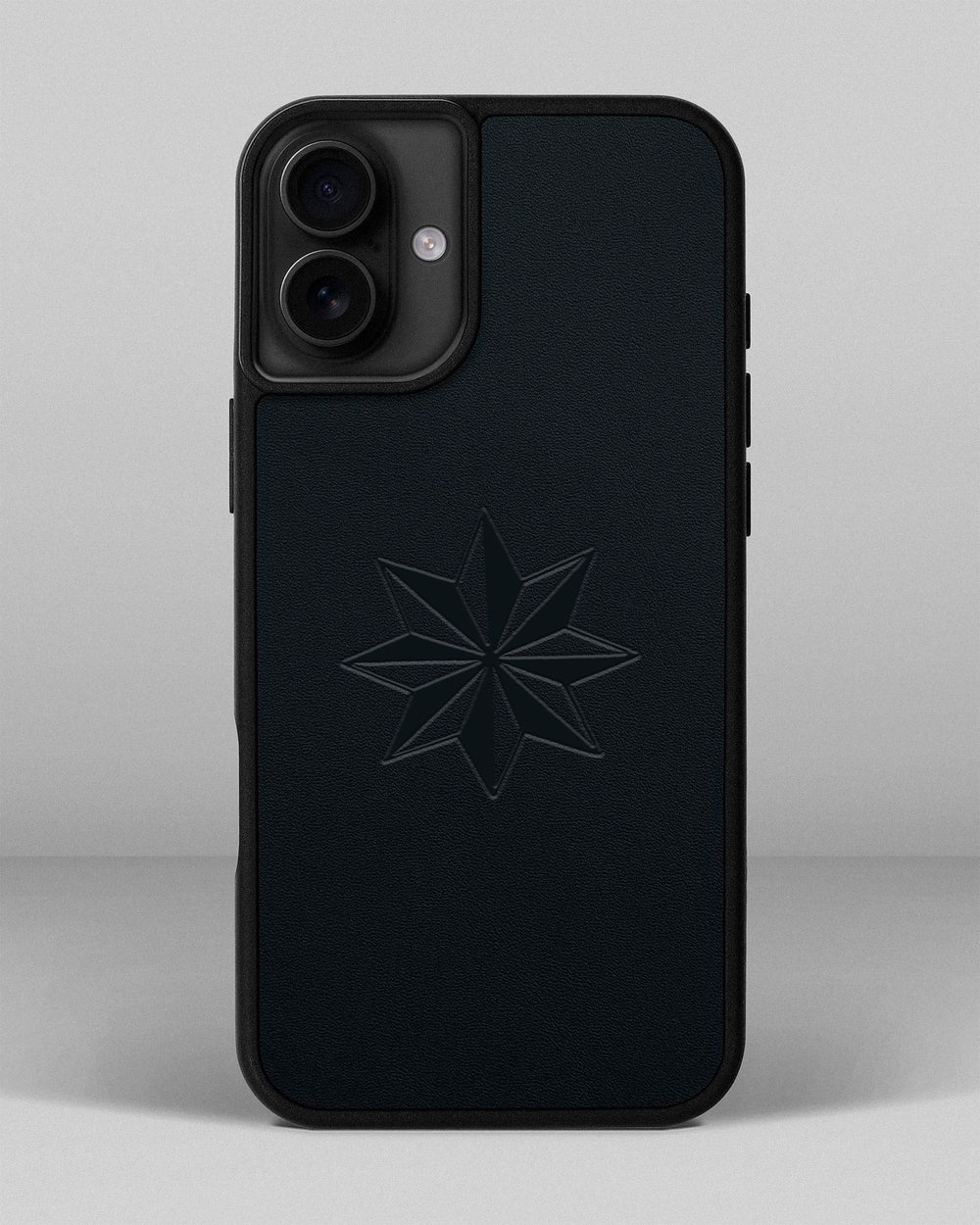 Leather case for iPhone 15 Plus coupon in dark blue color with Wind Rose embossing