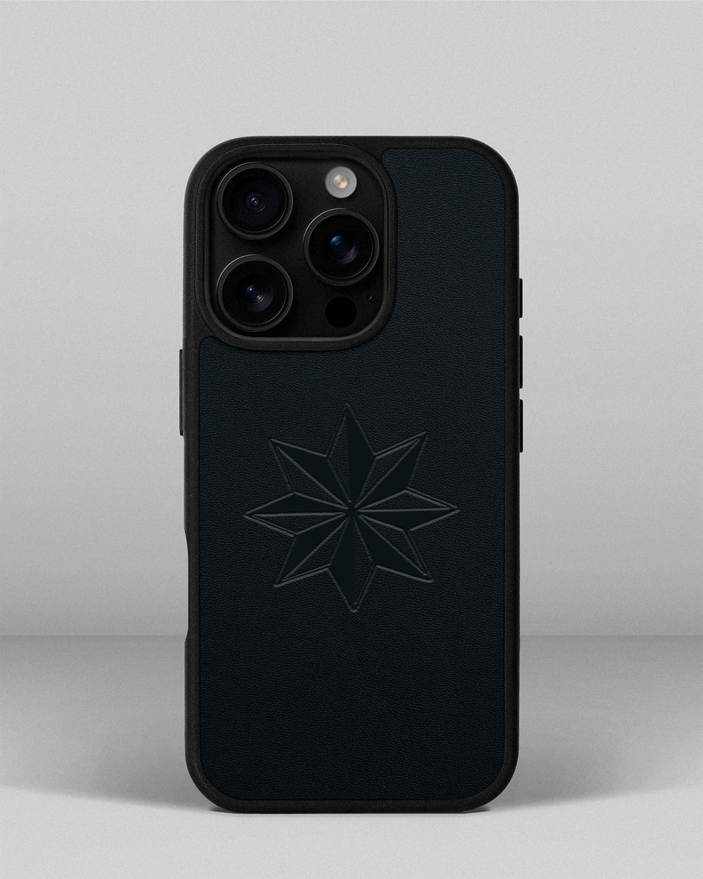 Чехол для iPhone 14 Pro из кожи купон тёмно-синего цвета с тиснением Роза ветров
