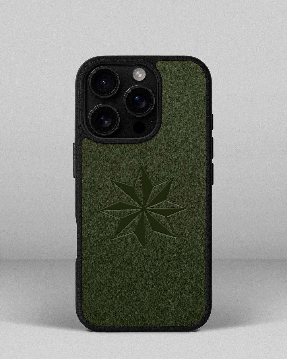Чохол для iPhone 14 Pro із шкіри купон в зеленому кольорі з тисненням Роза вітрів