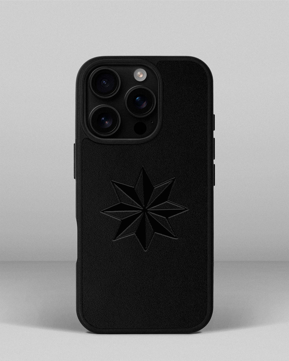 Чехол для iPhone 14 Pro чёрного цвета из кожи купон с тиснением Роза ветров