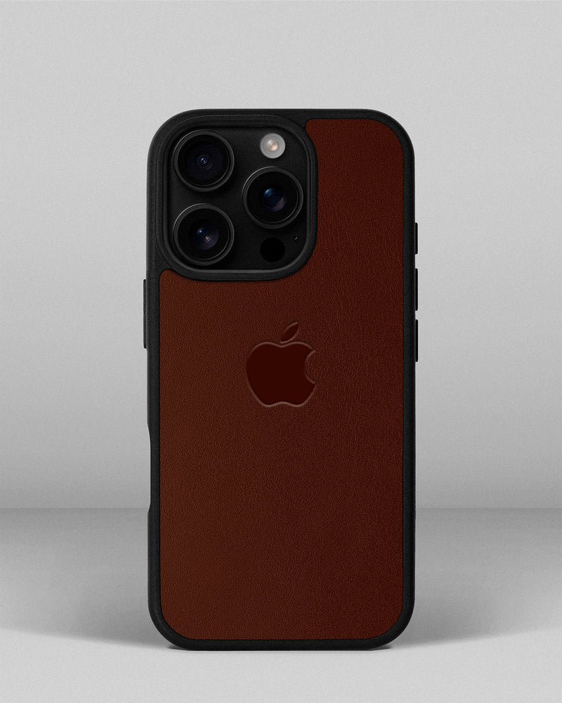 Чехол для iPhone 14 Pro из кожи купон рыжего цвета с логотипом яблока