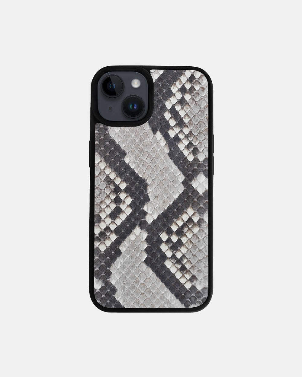 Case made of black and white python leather with small scales for iPhone 14