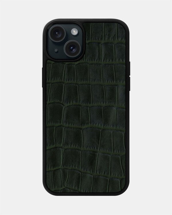 Dark green crocodile embossing calfskin case for iPhone 15 Plus