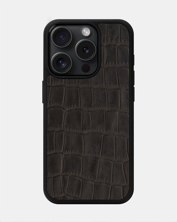 Чехол из темно-коричневого тиснения под крокодила на телячьей коже для iPhone 15 Pro Max