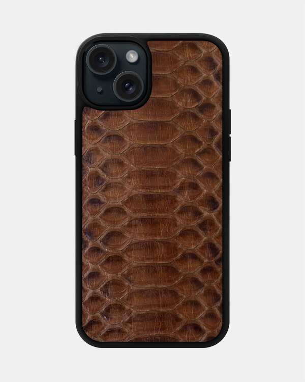 Brown python leather case with large scales for iPhone 15 Plus