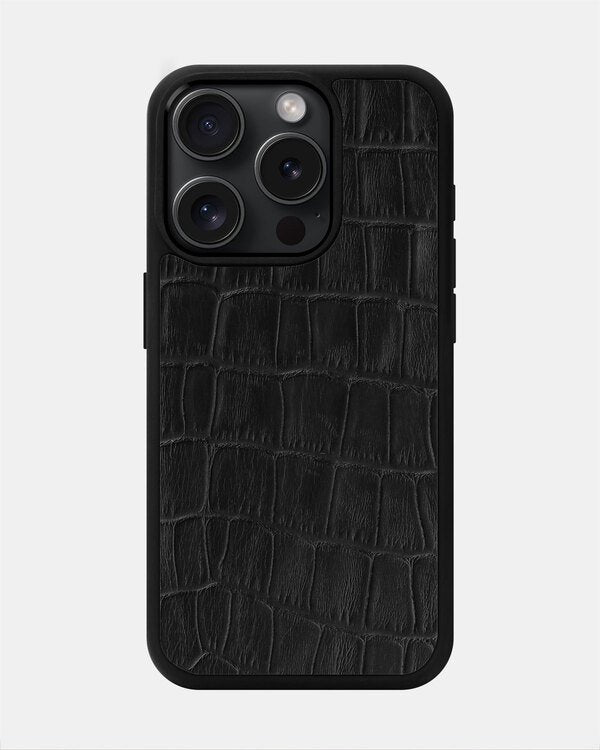 Чехол из черного тиснения под крокодила на телячьей коже для iPhone 15 Pro Max