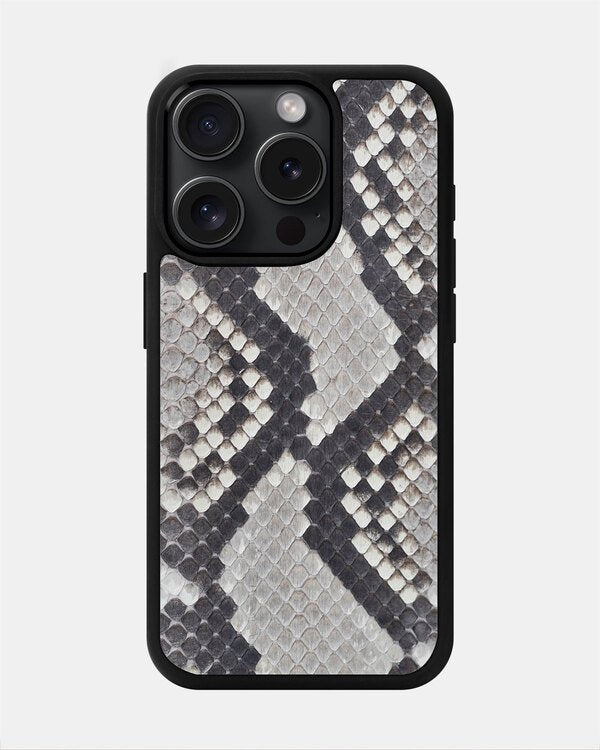 Case made of black and white python leather with small scales for iPhone 15 Pro Max