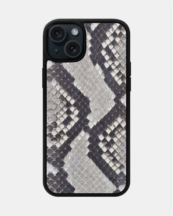 Case made of black and white python leather with small scales for iPhone 15 Plus