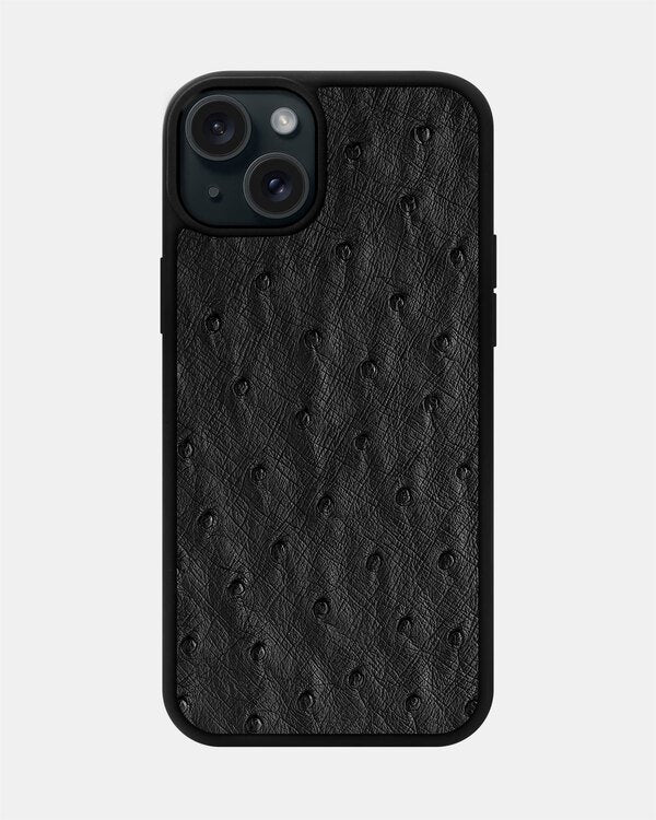Black ostrich leather case with follicles for iPhone 15 Plus