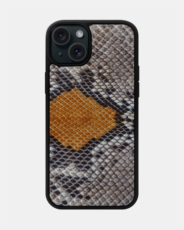 Case made of gray-yellow python leather with small scales for iPhone 15 Plus