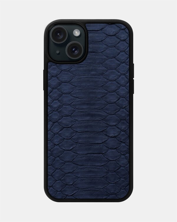 Dark blue python leather case with large scales for iPhone 15 Plus