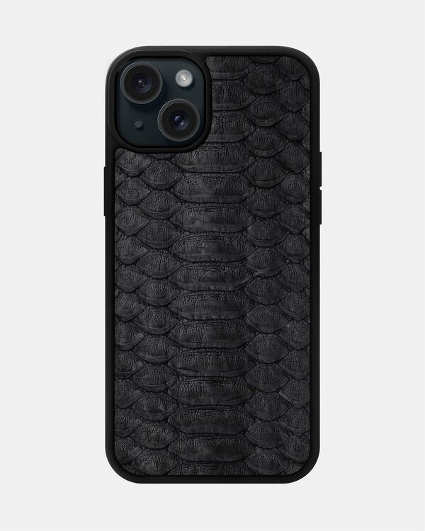 Black python leather case with large scales for iPhone 15 Plus