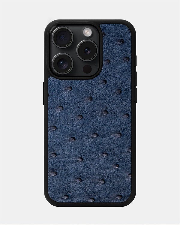 Dark blue ostrich leather case with follicles for iPhone 15 Pro Max