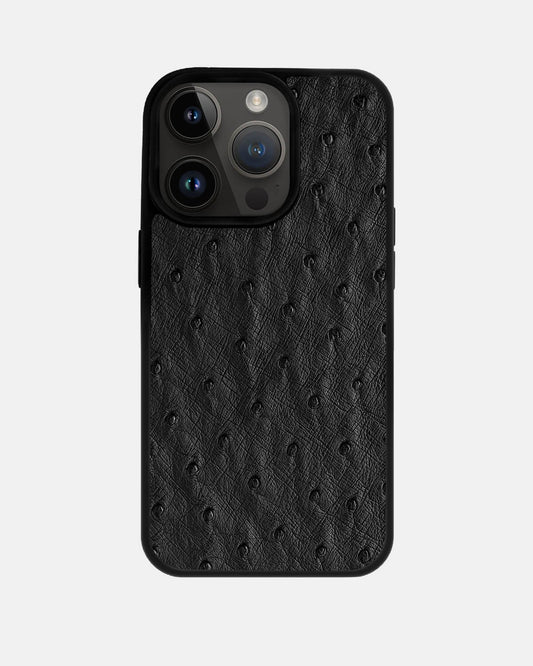 Чохол із чорної шкіри страуса з фолікулами для iPhone 14 Pro Max
