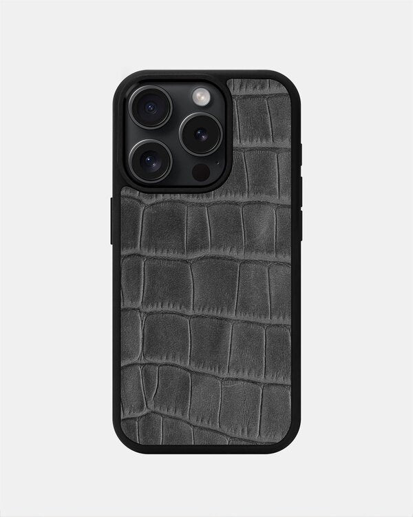 Чохол із сірого тиснення під крокодила на телячій шкірі для iPhone 15 Pro