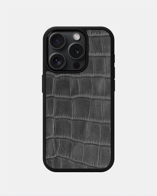 Чохол із сірого тиснення під крокодила на телячій шкірі для iPhone 15 Pro