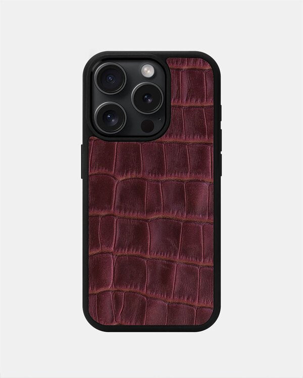Чохол із бордового тиснення під крокодила на телячій шкірі для iPhone 15 Pro