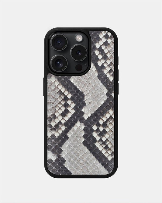 Чохол із чорно-білої шкіри пітона з дрібними лусочками для iPhone 15 Pro