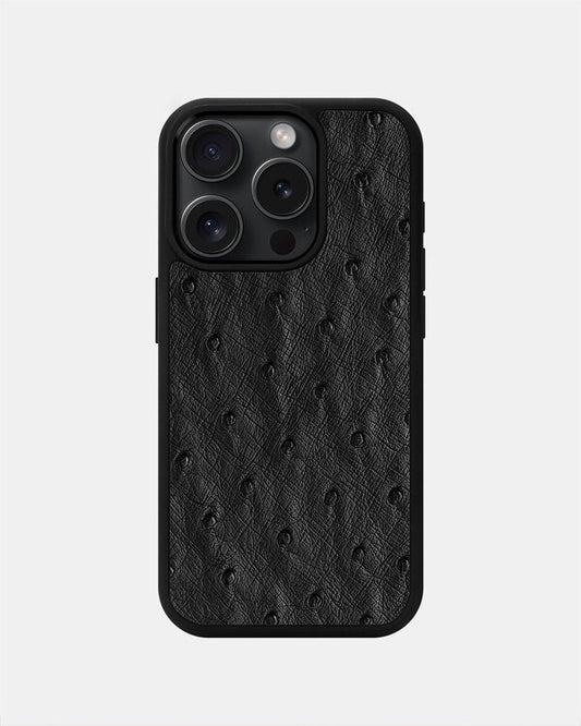 Чохол із чорної шкіри страуса з фолікулами для iPhone 15 Pro