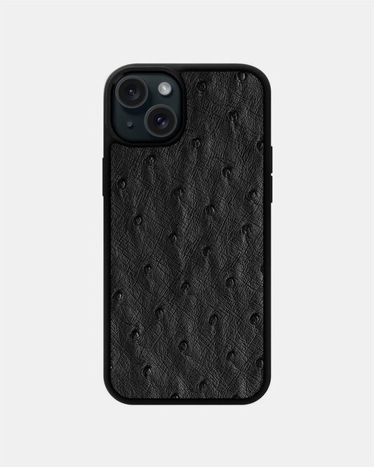Чохол із чорної шкіри страуса з фолікулами для iPhone 15