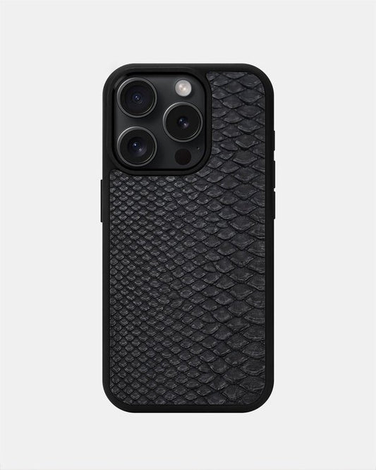 Чохол із чорної шкіри пітона з дрібними лусочками для iPhone 15 Pro