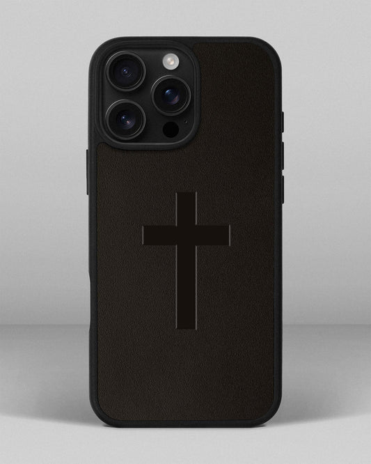 Чохол для iPhone 14 Pro Max в темно-коричневому кольорі з тисненням хреста