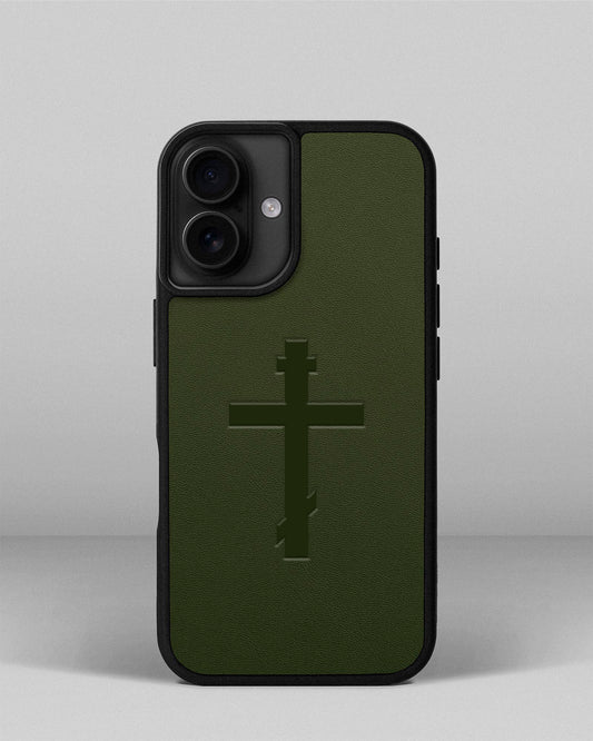 Чохол для iPhone 13 в зеленому кольорі з тисненням православного хреста