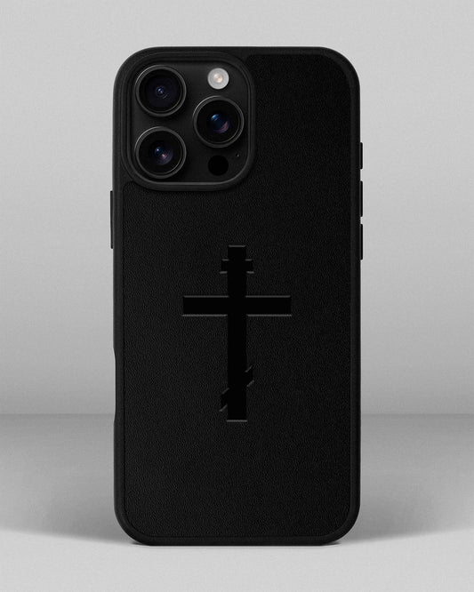Чохол для iPhone 16 Pro Max в чорному кольорі з тисненням православного хреста