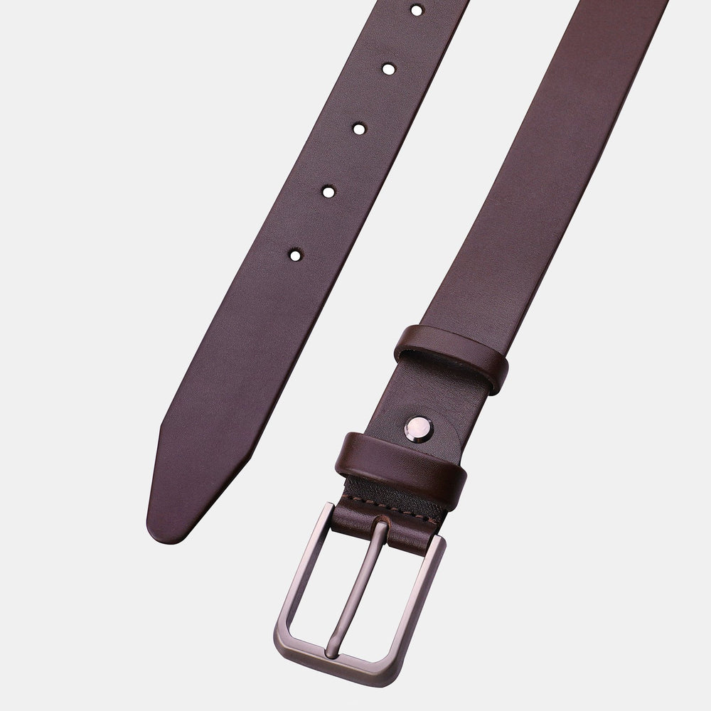 Brown leather belt with gray buckle