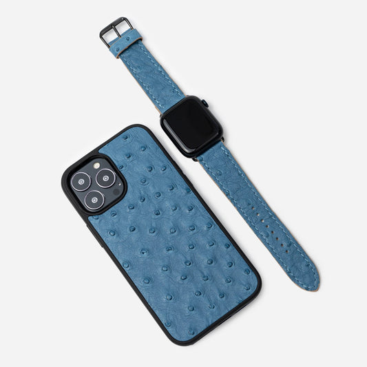 Набір із блакитної шкіри страуса, чохол для iPhone та ремінець Apple Watch