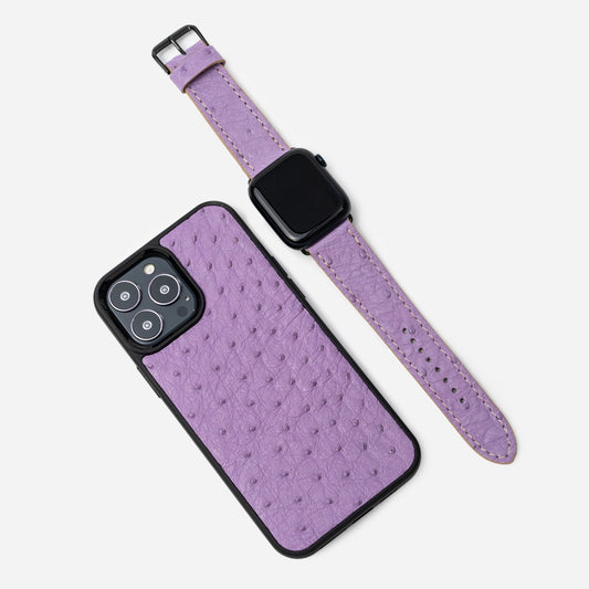 Набір із лілової шкіри страуса, чохол для iPhone та ремінець Apple Watch