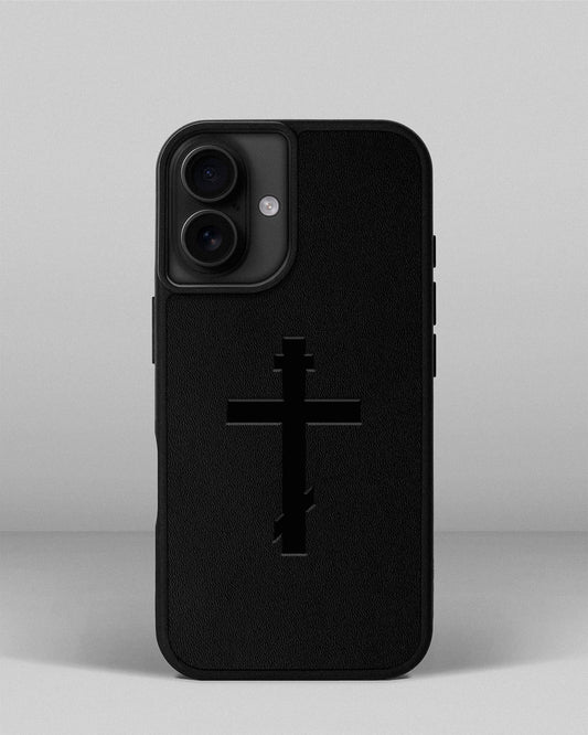 Чохол для iPhone 13 в чорному кольорі з тисненням православного хреста