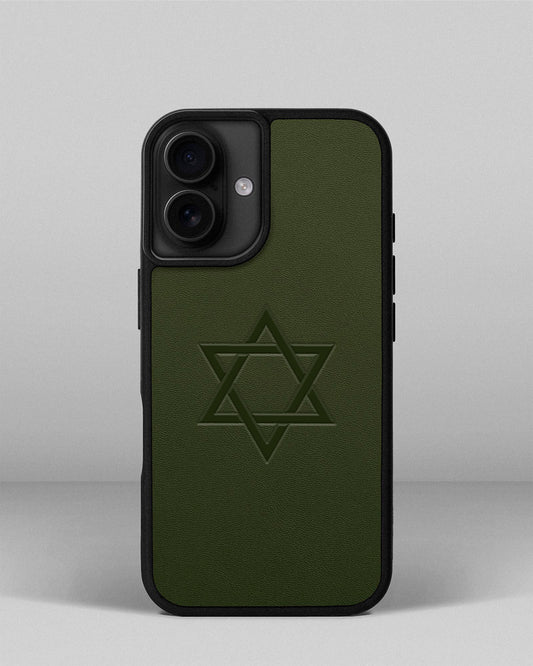 Чохол для iPhone 16 із шкіри купон в зеленому кольорі з тисненням зірка Давида