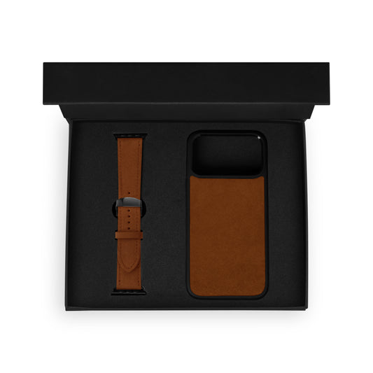 Set of black calf leather flotar, case for iPhone and Apple Watch strap
