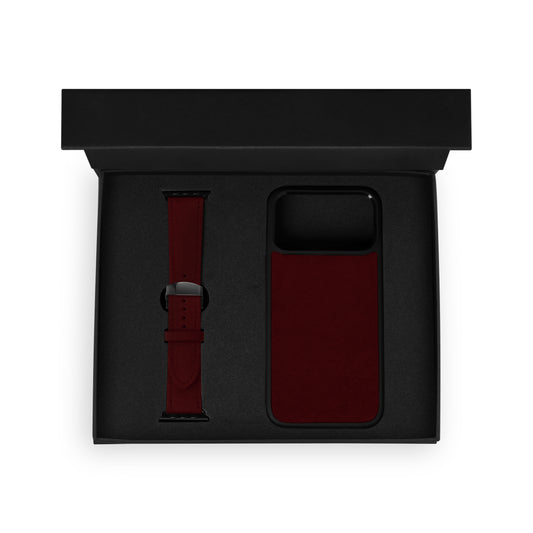 Set of black calf leather flotar, case for iPhone and Apple Watch strap